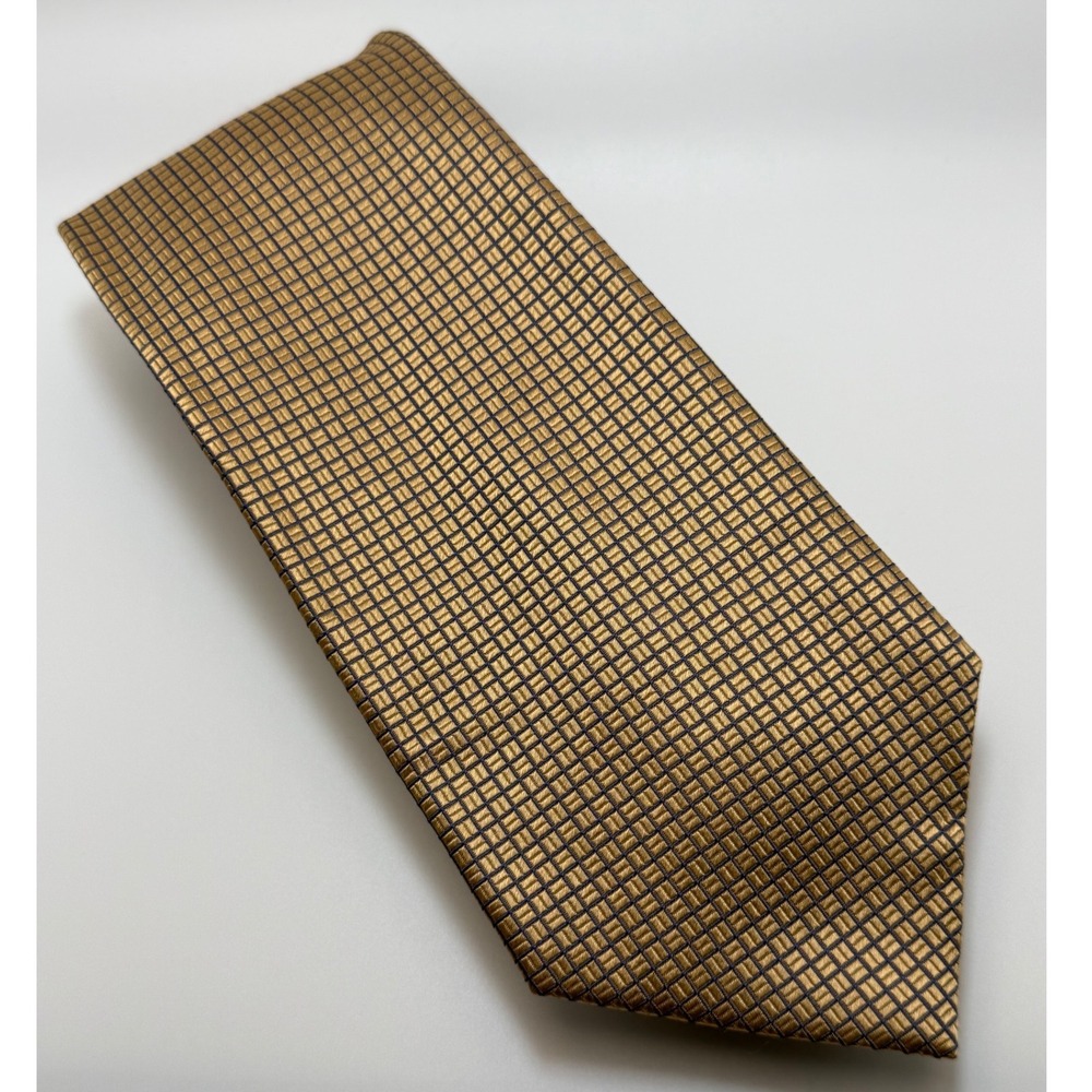 Bocara Silk Tie 3.5" Gold Navy Blue Geometric Grid Woven Handmade Classic Formal